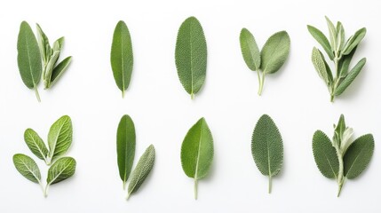 Fototapeta premium Sage leaves arranged on a clean white backdrop