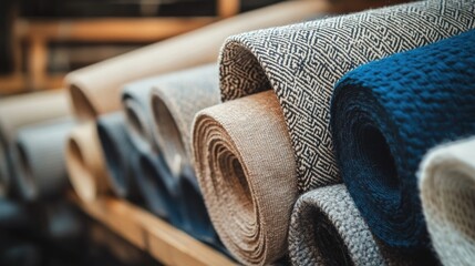Rolls of fabric displayed against a textile background in an atelier Stylish materials for garment creation crafted using various tools