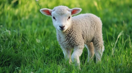 Obraz premium Adorable young lamb feeding in a lush green meadow during spring