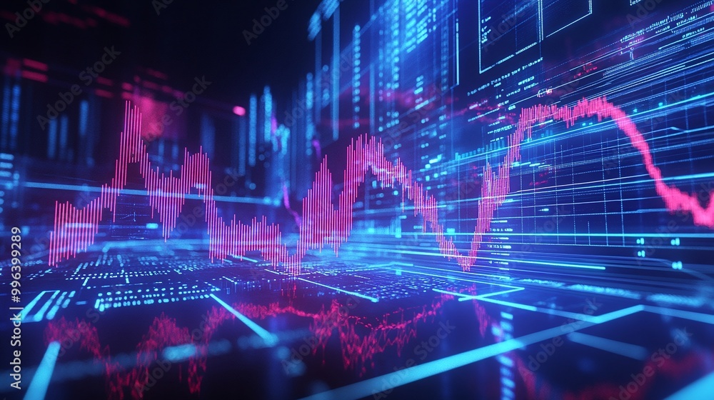 Poster digital data analytics visualization with glowing graphs and charts on a dark background.