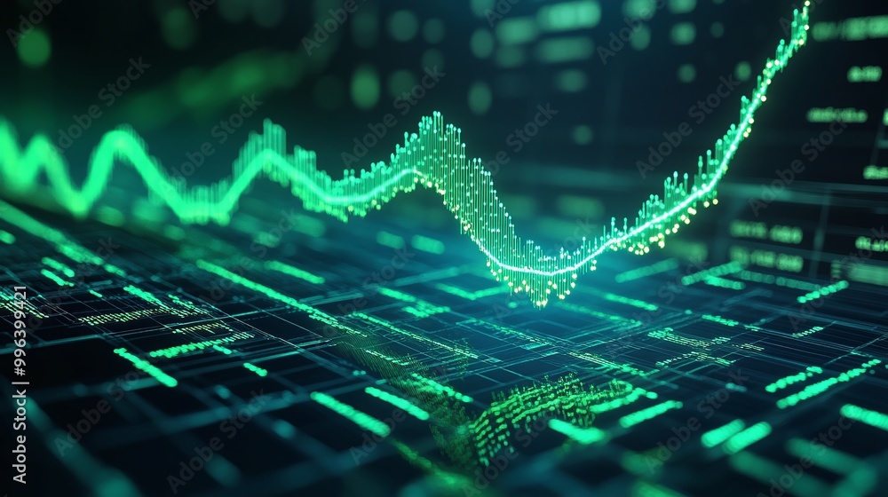 Poster digital data representation showing a fluctuating green graph, symbolizing technology and data analy