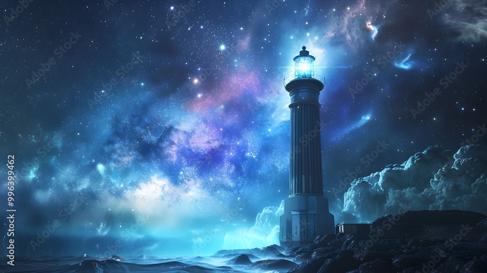 Poster cosmic lighthouse transmitting interstellar signals across the universe guiding ships and sharing in