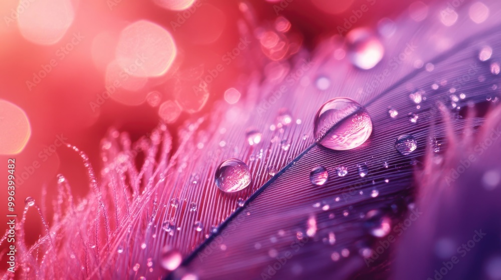 Poster close up of large dew drops on a fluffy feather with a soft blurred background in red and purple hue