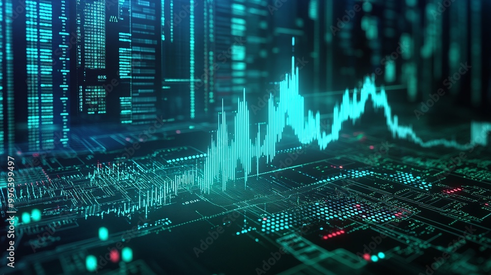 Poster digital data visualization displaying graphs and analytics on a dark background.