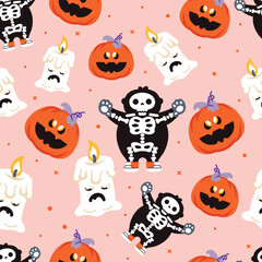 Fototapeta premium Cute Halloween Seamless Pattern Pencil Style on Color Background..