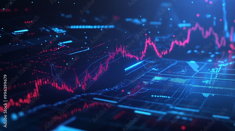 Poster digital data visualization with blue and red graphs representing analytics and trends in a futuristi