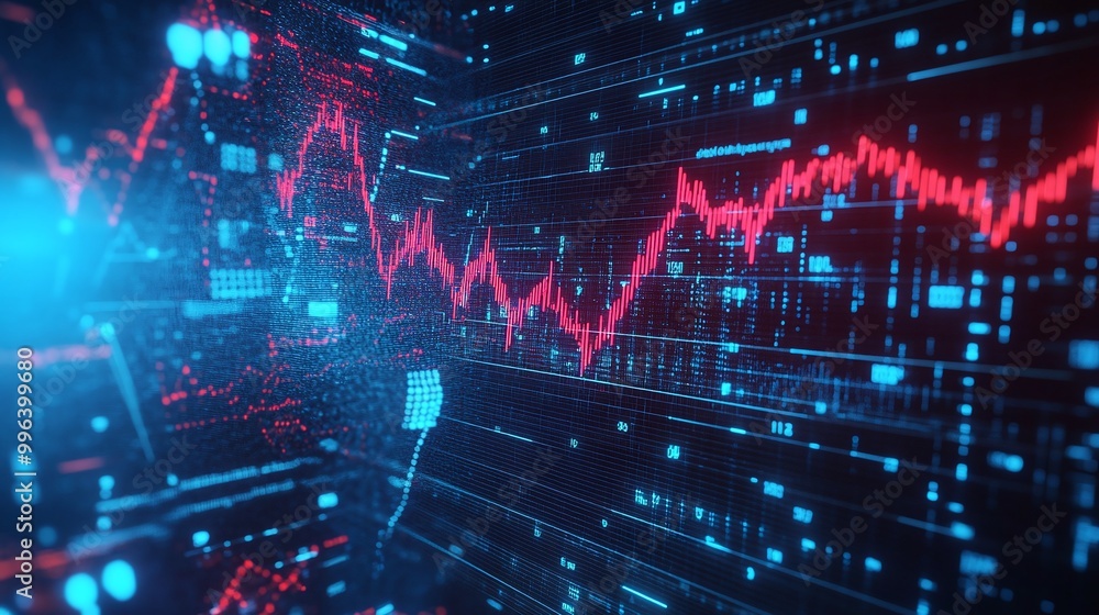 Poster digital data visualization with abstract graphs and light effects, blue and red colors on a dark bac