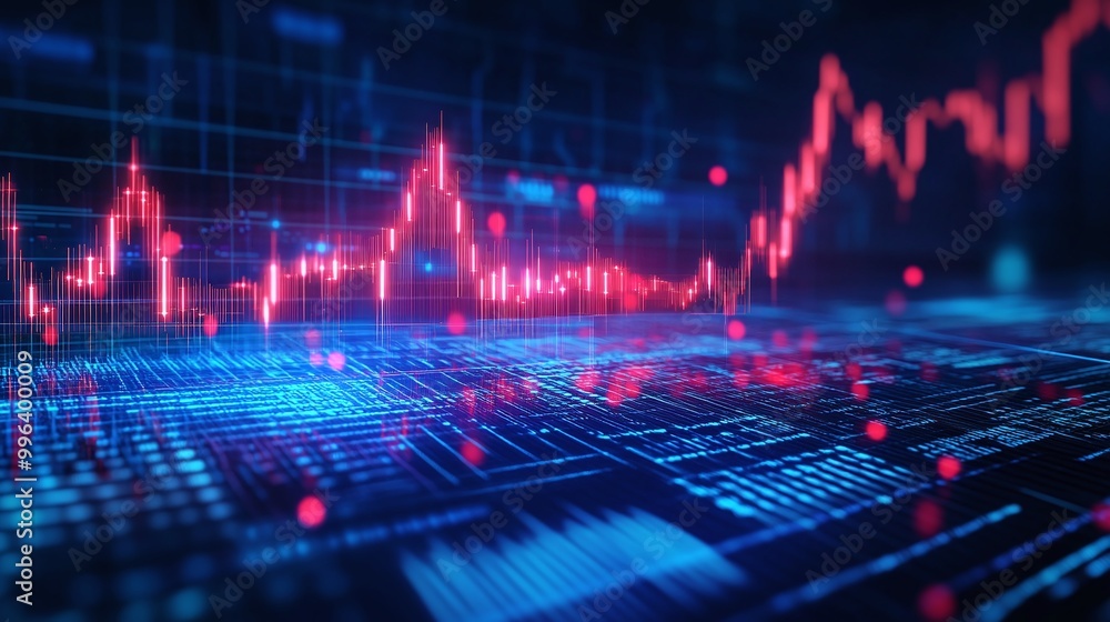 Poster digital data visualization with colorful graphs and charts representing market trends and analytics.