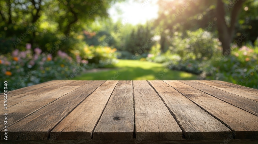 Poster empty wooden table suitable for product display or montage featuring a softly blurred garden backdro