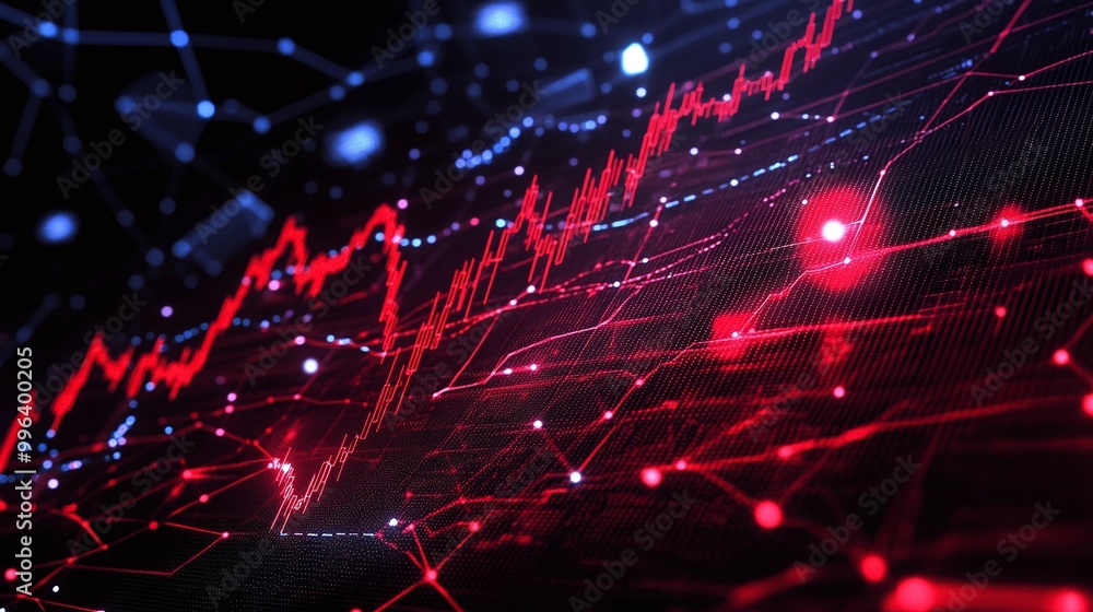 Poster digital data visualization with dynamic red graph lines and glowing dots on a dark background.