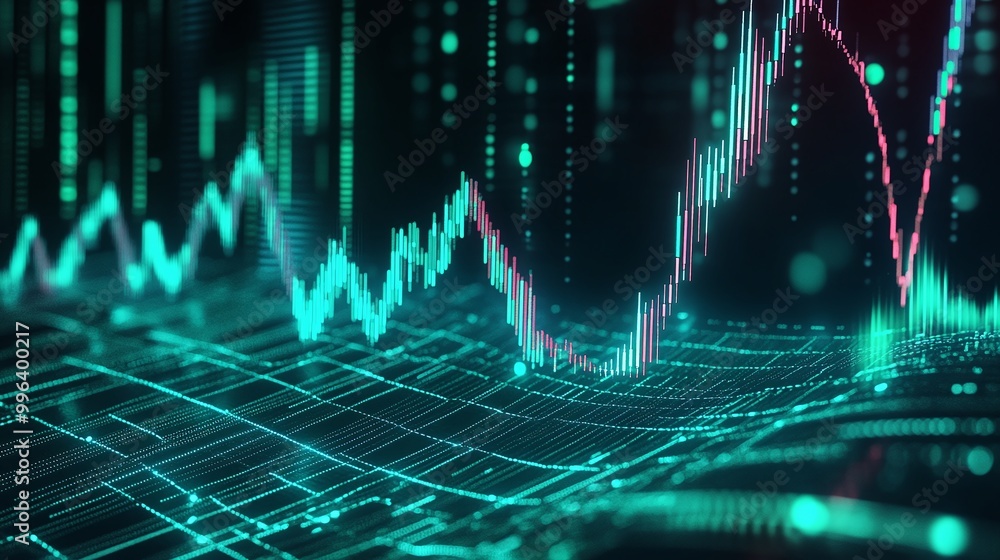 Poster digital data visualization with fluctuating graphs and lines on a dark background.