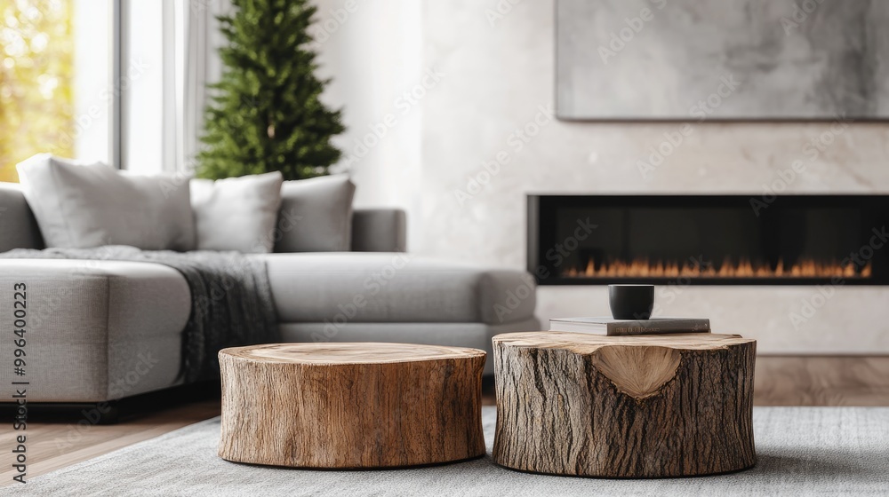 Poster close up of two tree stump accent coffee tables next to a grey sofa positioned by a window and firep