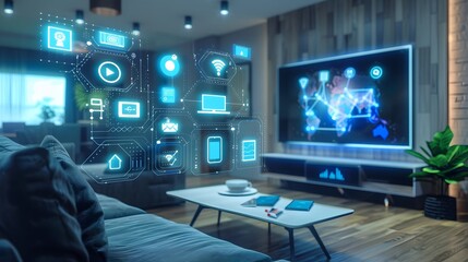 Naklejka premium Sleek Modern Home Interior Showcasing Smart Digital Gadgets for a High-Tech Lifestyle Experience