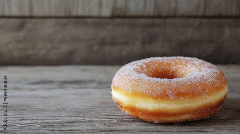 Poster a donut resting on a wooden table complemented by a minimalistic background
