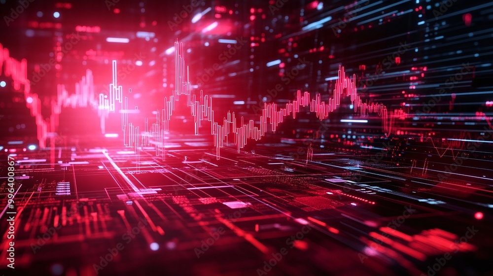 Poster digital data visualization with glowing red lines and graphs on a dark background.