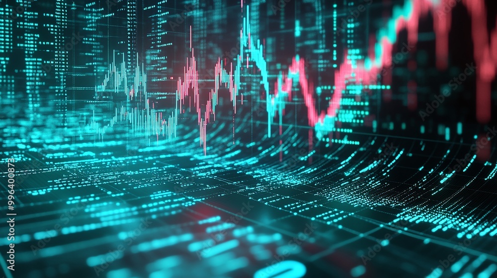 Poster digital data visualization with graphs and numbers in vibrant colors on a dark background.