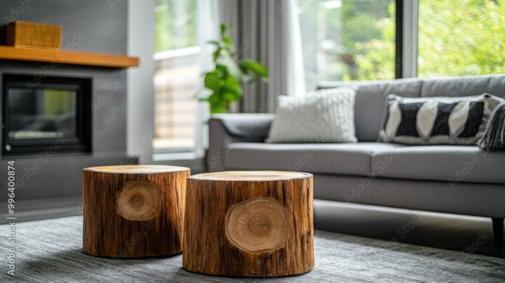Poster close up of two tree stump accent coffee tables next to a grey sofa positioned by a window and firep