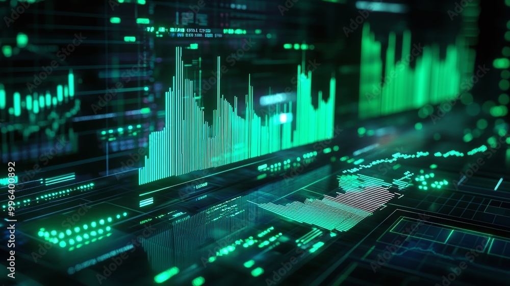 Poster digital data visualization with graphs and metrics, showcasing growth and analytics on a dark backgr