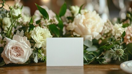 Elegant wedding table arrangement featuring a blank white place card