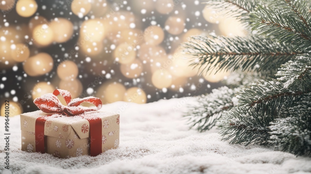 Poster festive backdrop featuring a gift box and a snow covered pine tree complemented by a bokeh effect pe