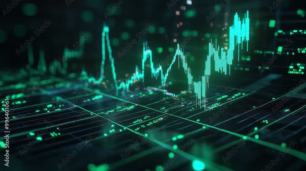 Poster digital data visualization with green and blue graphs depicting market trends and analysis.
