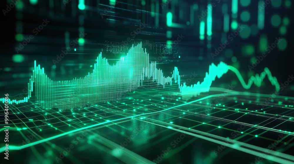 Poster digital data visualization with green data waves and lines on a dark background, illustrating techno