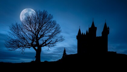 Obraz premium silhouette image of a Halloween tree without leaves at night with a scary castle