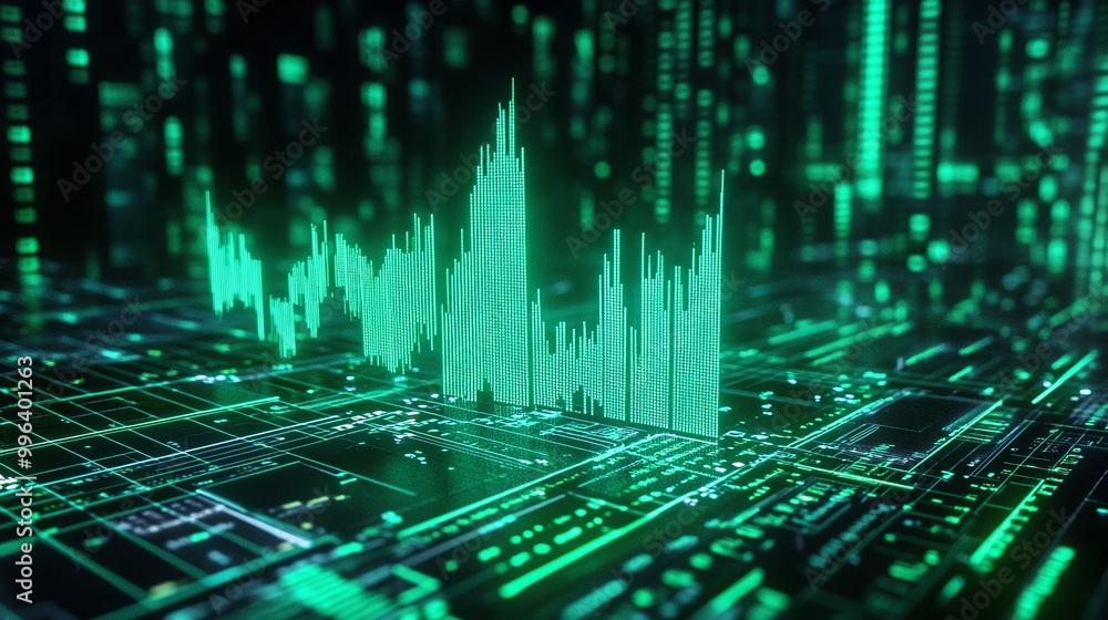 Poster digital data visualization with green graphs and matrix design on a dark background.