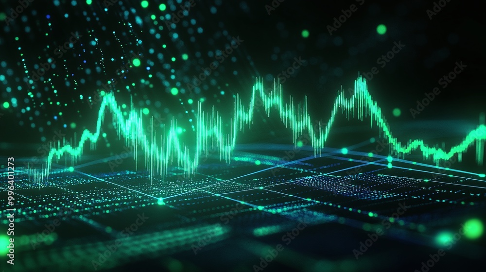 Poster digital data visualization with green lines and dots creating a wave pattern on a black background.