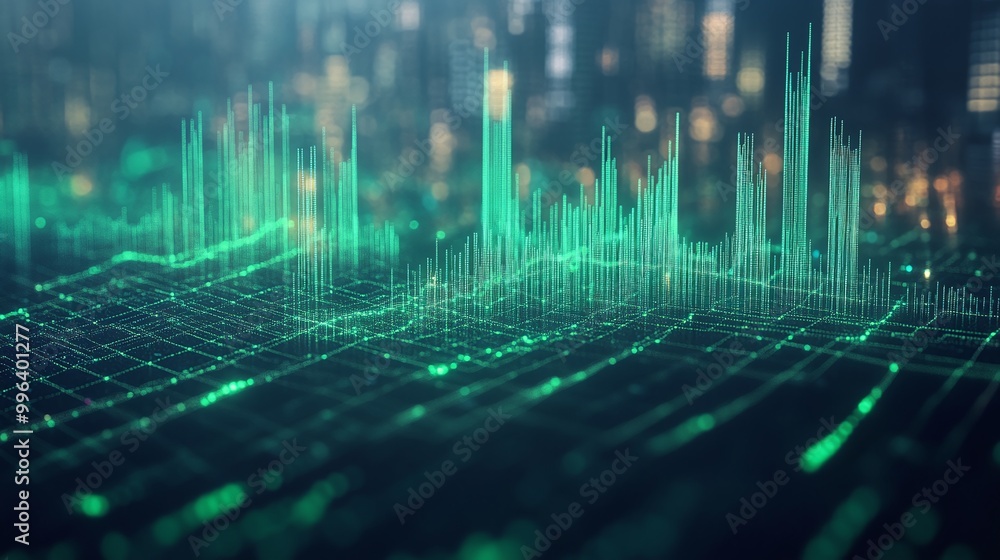 Poster digital data visualization with green lines representing analytics trends in a modern urban environm