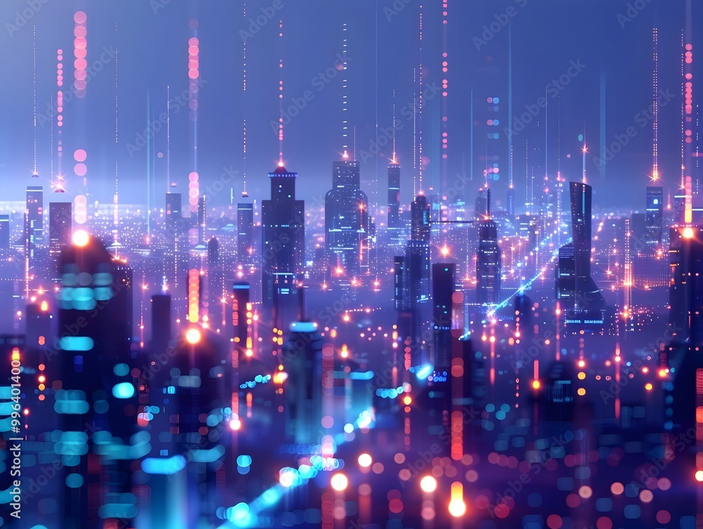 Poster illuminated quantum internet cityscape with glowing nodes indicating secure high speed connections
