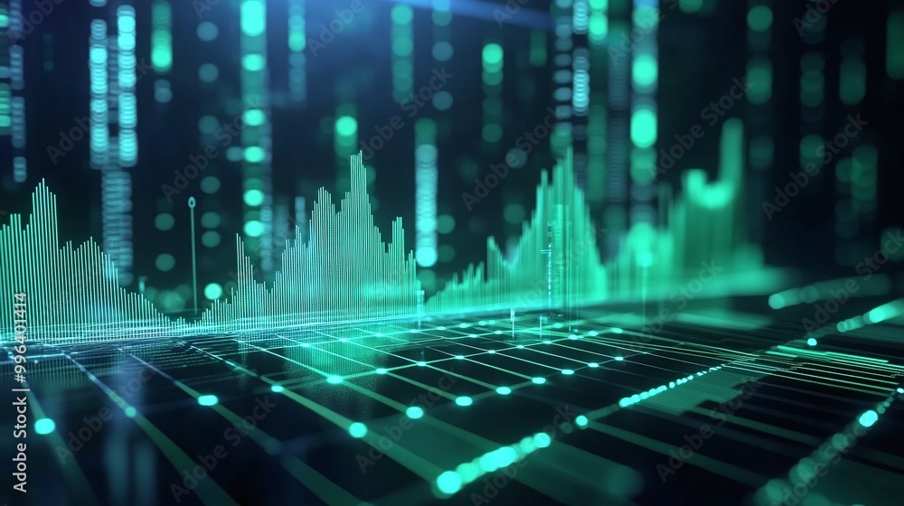 Poster digital data visualization with green waveforms against a dark backdrop, representing analytics and 