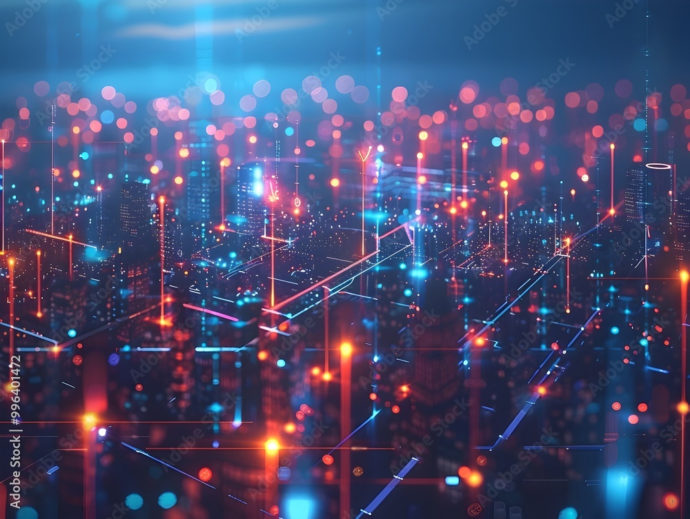 Poster quantum internet cityscape with glowing network nodes and high speed connections