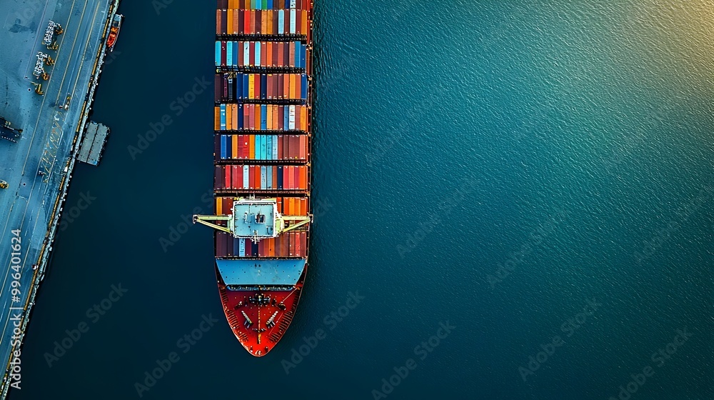 Poster aerial shot of a bustling container ship docking at a busy seaport with ample copy space for
