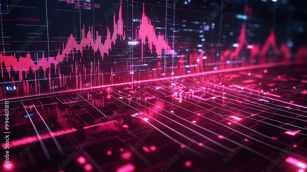 Poster digital data visualization with pink and black tones, showcasing graphical trends and insights over 