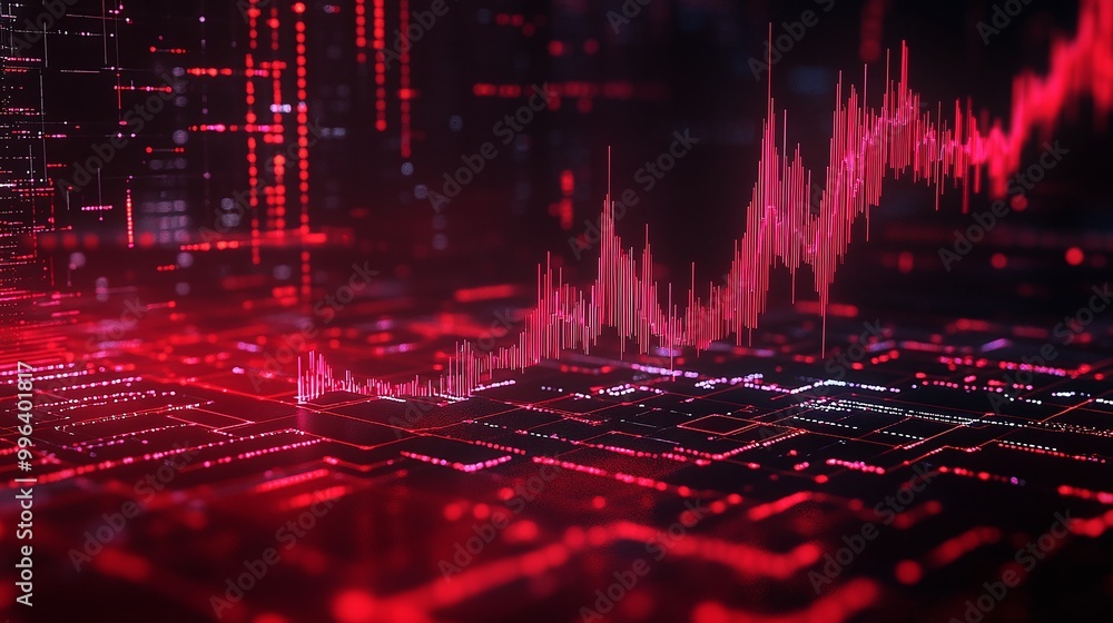 Poster digital data visualization with red and black tones, showcasing a modern graphic representation of d