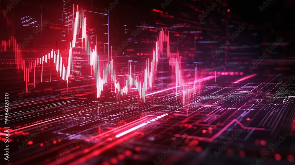 Poster digital data visualization with red graphics representing data trends and fluctuations on a dark bac