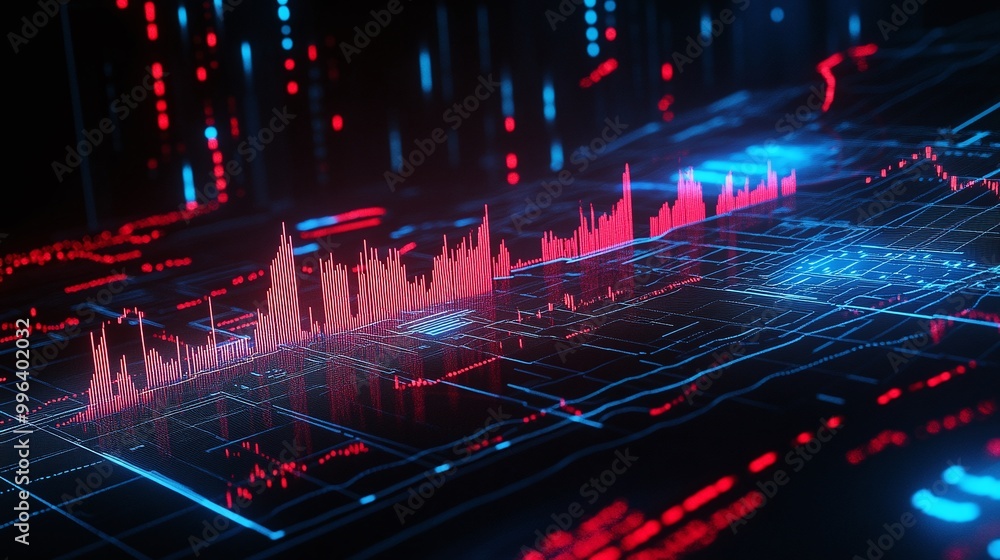 Aufkleber digital data visualization with red and blue elements against a dark background, showcasing modern t