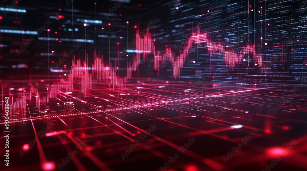Poster digital data visualization with red lines on a dark background representing stock market trends and 