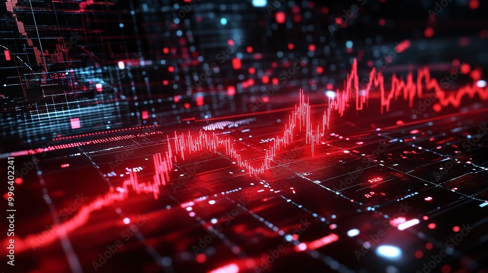 Poster digital data visualization with red lines representing data trends on a dark grid background.
