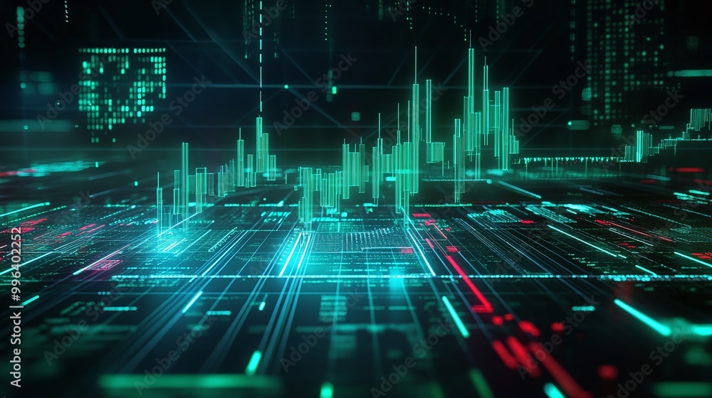 Poster digital data visualization with vibrant graphs and interactive elements, representing advanced techn