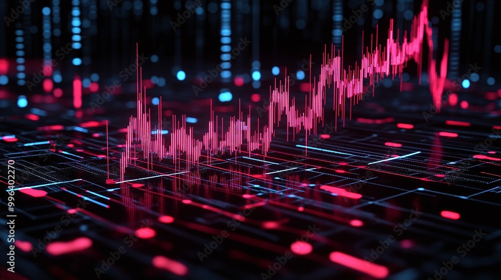 Poster digital data visualization with vibrant graph trends on a dark background, showcasing financial or a
