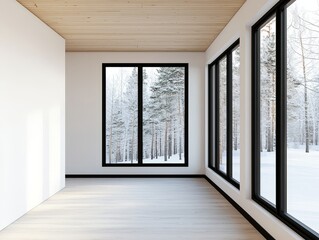 Fototapeta premium Modern interior design with large windows and snowy landscape view.