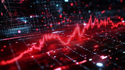 Digital data visualization with red lines representing data trends on a dark grid background.