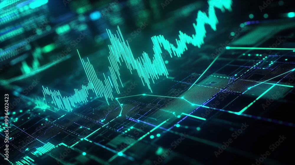 Poster digital data visualization with vibrant green graphs and lines representing analytics and statistics