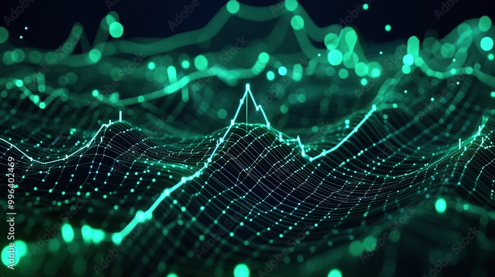 Poster digital data visualization with vibrant green lines and dots representing abstract waves and peaks.
