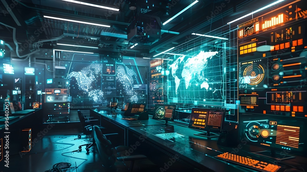 Poster futuristic gaming arena utilizing quantum internet for real time multiplayer experiences with zero l
