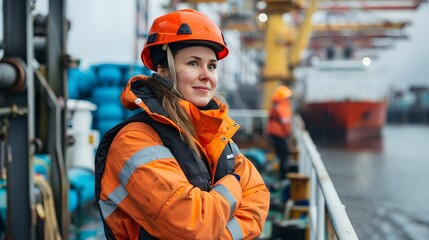 Confident Woman in an Orange Jacket and Helmet at a Construction Workplace for Empowering Imagery