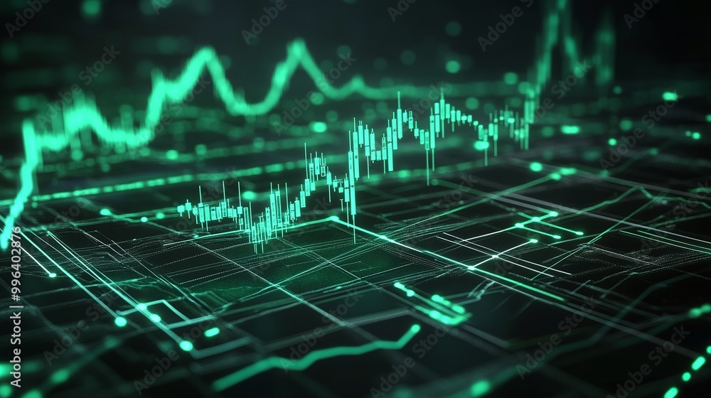 Poster digital financial chart showing fluctuating data with green glowing lines and grids on a dark backgr