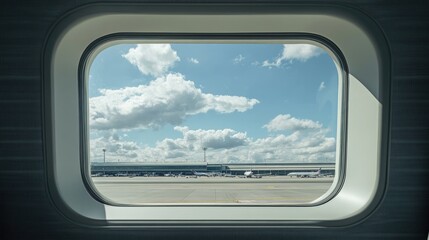 Fototapeta premium Airplane view from the taxiway showcasing the aircraft and airport structure outside the window